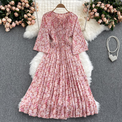 Rochie de dama plisata cu model floral si maneci lungi