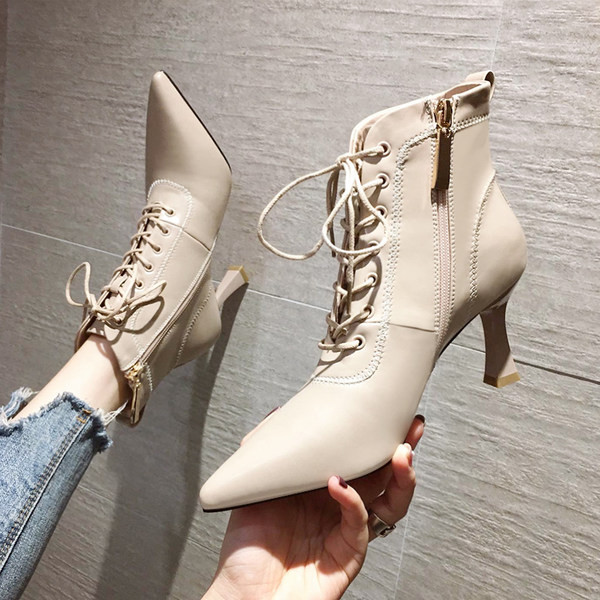 Cizme de dama in stil britanic cu sireturi si fermoar cu toc subtire