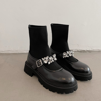 Cizme sosete dama cu pietre decorative si catarama metalica