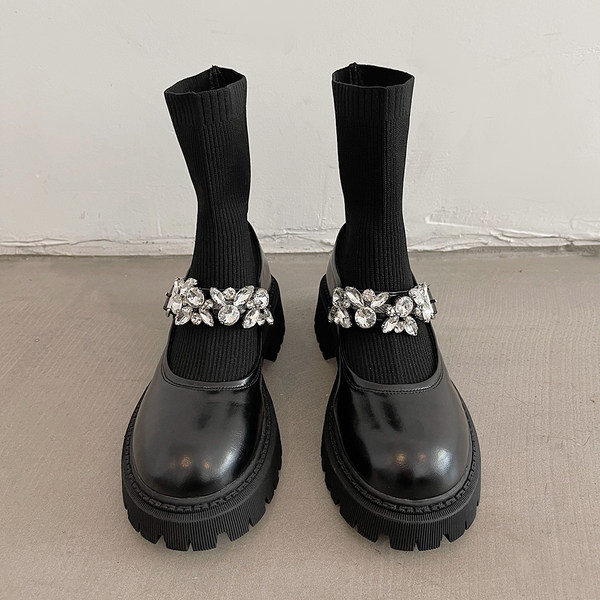 Cizme sosete dama cu pietre decorative si catarama metalica