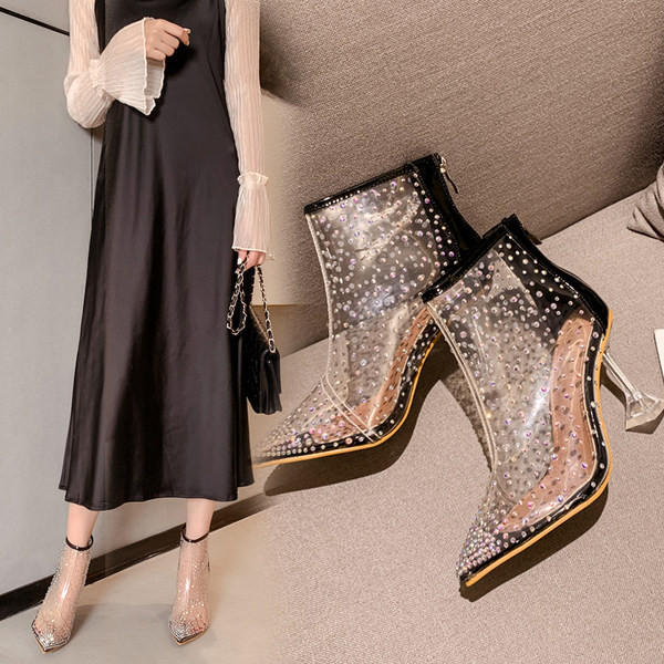 Cizme de dama elegante model ascutit cu pietre decorative