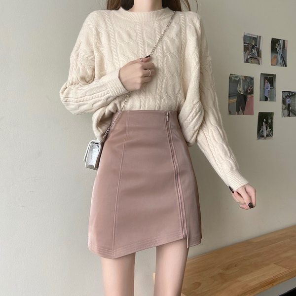 Fusta de dama piele cu fermoar si talie inalta - model asimetric