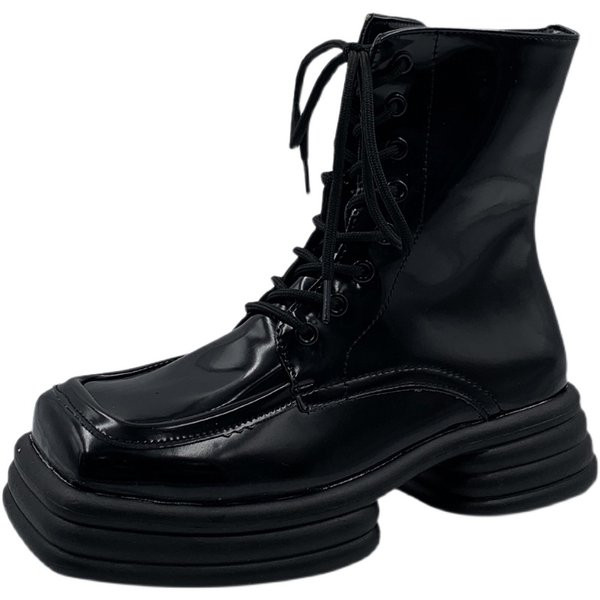 Cizme pătrate de damă din piele lăcuită cu șireturi și talpă plată