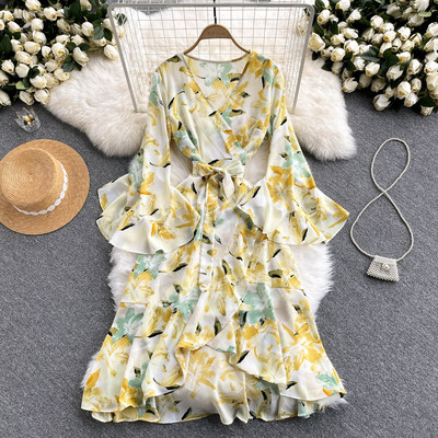 Rochie de dama cu model floral si maneci lotus