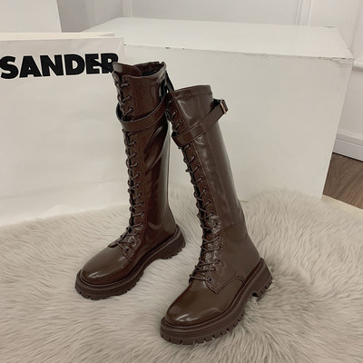 Cizme de damă cu fermoar și șireturi cu talpă aspră