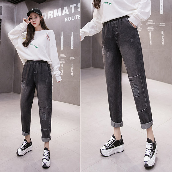 Blugi de dama cu talie elastica de culoare gri