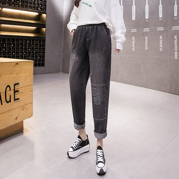 Blugi de dama cu talie elastica de culoare gri