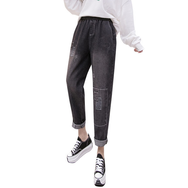 Blugi de dama cu talie elastica de culoare gri