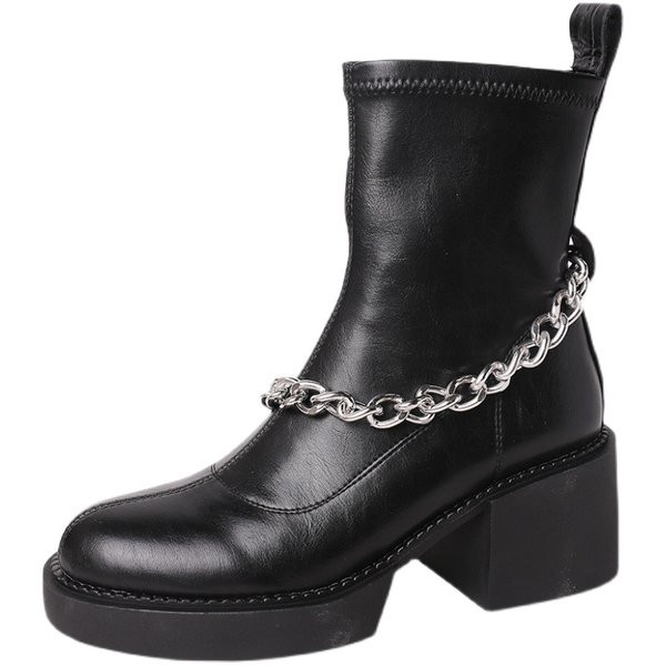Cizme de dama din piele ecologica cu toc patrat inalt de 5 cm si lant metalic