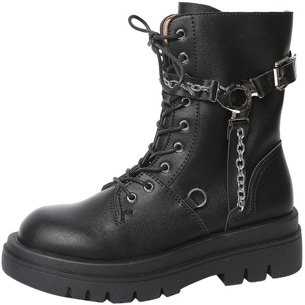 Cizme de dama din piele cu talpa aspra, lant metalic si catarama