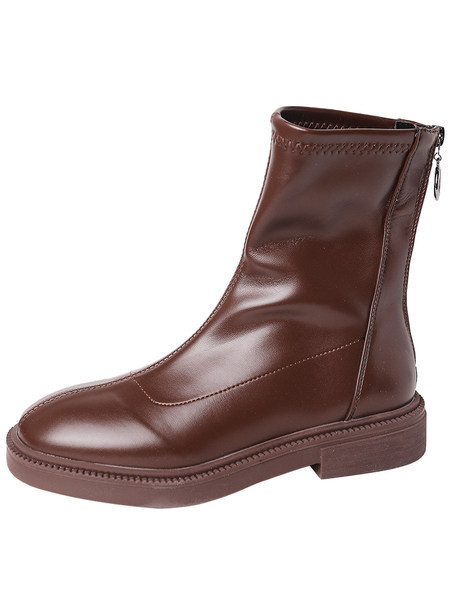 Cizme din piele model simplu cu talpa plata si fermoar pentru femei