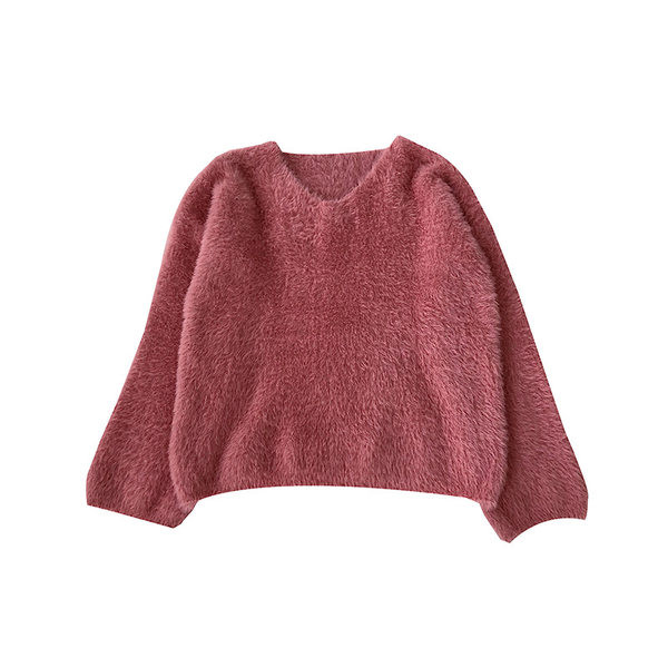 Pulover de puf de damă cu mâneci lungi și decolteu spitz