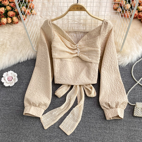 Cămașă casual de damă cu panglică și perle