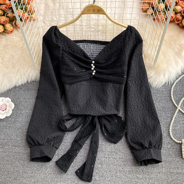 Cămașă casual de damă cu panglică și perle