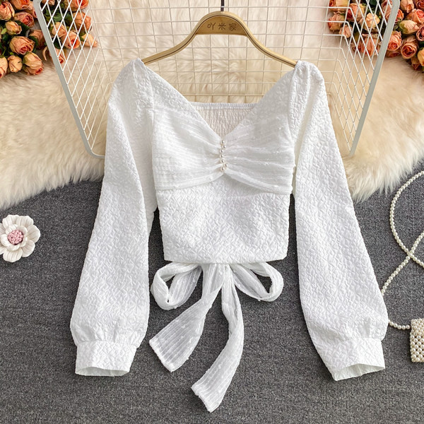 Cămașă casual de damă cu panglică și perle