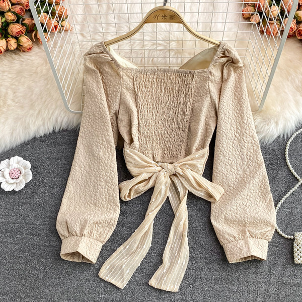 Cămașă casual de damă cu panglică și perle