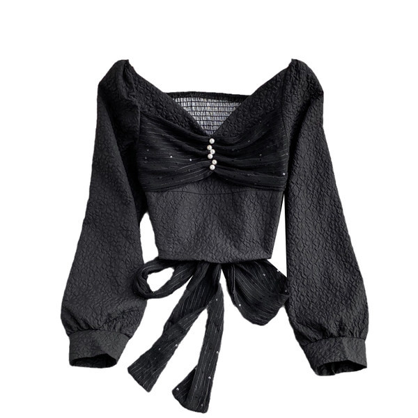 Cămașă casual de damă cu panglică și perle