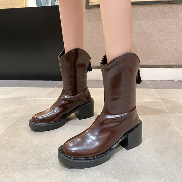 Cizme de dama din piele lacuita cu toc 6,5 cm