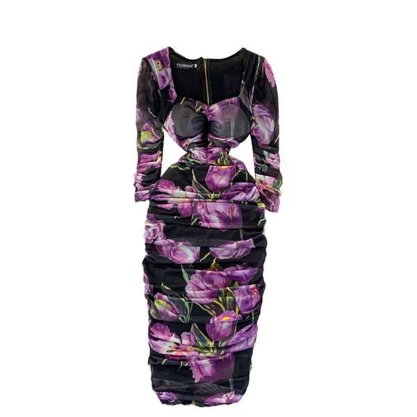 Rochie elegantă de damă, cu decolteu pătrat și model floral