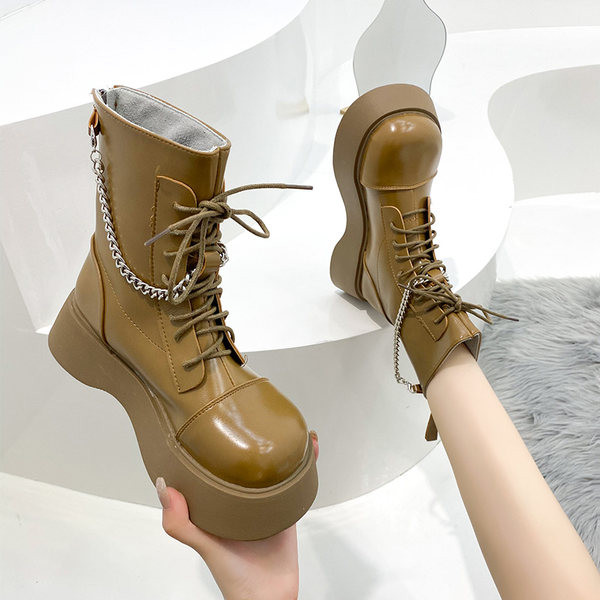 Cizme de dama din piele cu lant metalic si sireturi