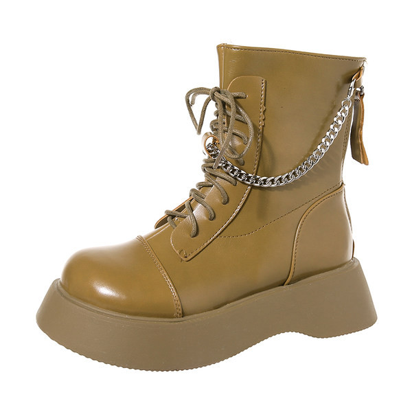 Cizme de dama din piele cu lant metalic si sireturi