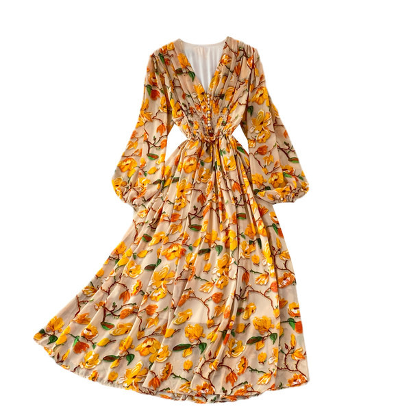 Rochie lunga de dama cu model floral si decolteu spitz