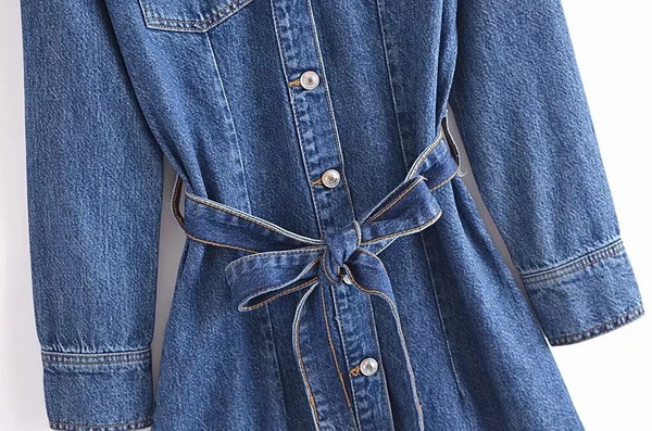 Rochie casual din denim cu centura si buzunare