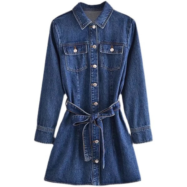 Rochie casual din denim cu centura si buzunare