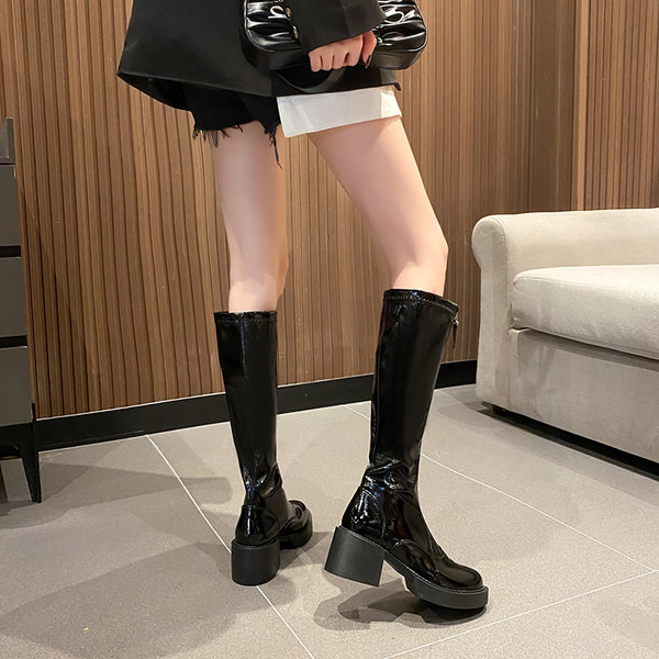 Cizme de dama din piele cu fermoar si toc gros 6,5 cm