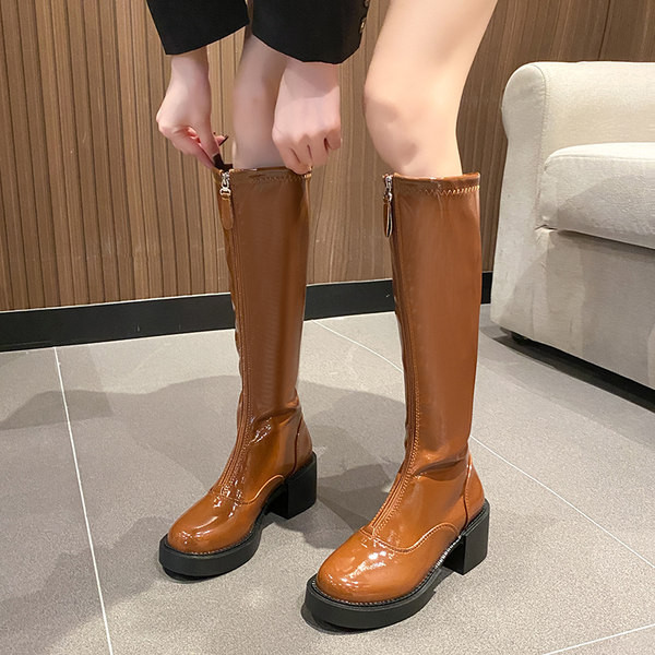 Cizme de dama din piele cu fermoar si toc gros 6,5 cm