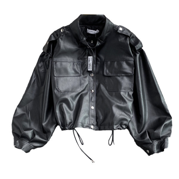 Geacă modernă de piele de damă cu buzunare și șireturi