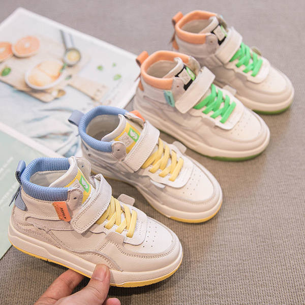 Tenisi inalti pentru baieti si fete din piele ecologica cu sireturi si velcro