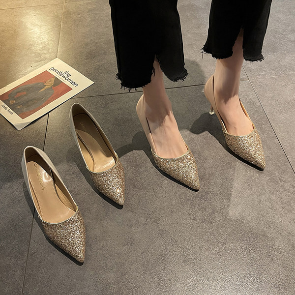 Pantofi moderni de dama cu particule lucioase si toc de 8 cm