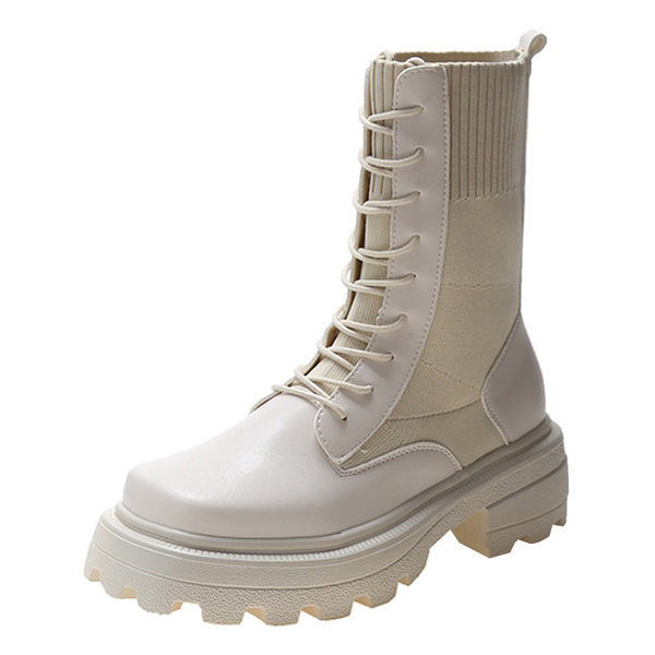 Cizme casual de dama cu talpa aspra si sireturi - in negru si bej