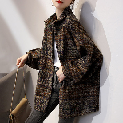 Γυναικείο καρό μακρύ μπουφάν με φαρδιά μανίκια