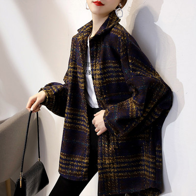 Γυναικείο καρό μακρύ μπουφάν με φαρδιά μανίκια