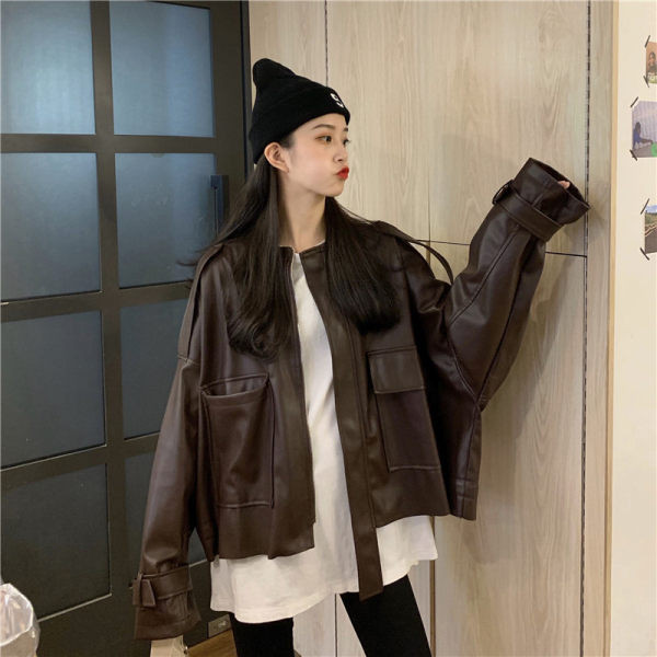 Geaca lata de piele de dama cu buzunare