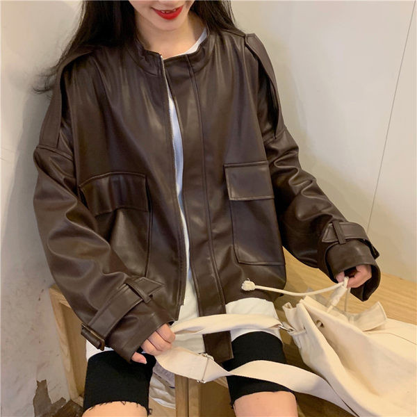 Geaca lata de piele de dama cu buzunare