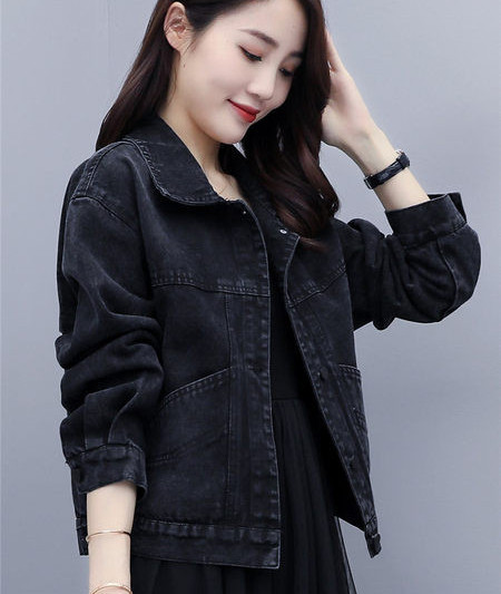 Jacheta de denim de dama cu guler clasic - culoare neagra