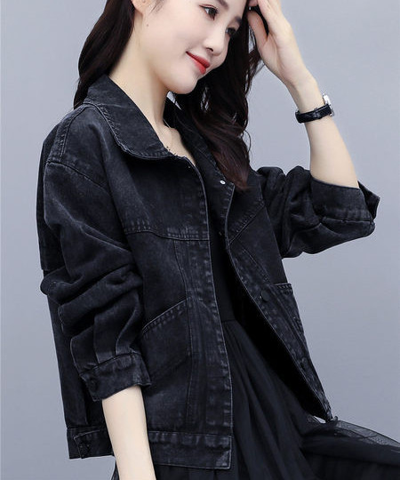 Jacheta de denim de dama cu guler clasic - culoare neagra