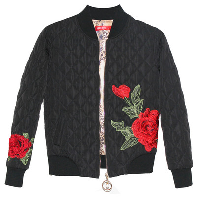 Γυναικείο κοντό μπουφάν με φερμουάρ και κεντημένο λουλούδι