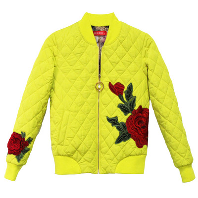 Γυναικείο κοντό μπουφάν με φερμουάρ και κεντημένο λουλούδι