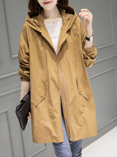 Dugačka ženska jakna s kapuljačom i džepovima