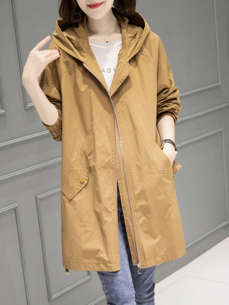 Dugačka ženska jakna s kapuljačom i džepovima