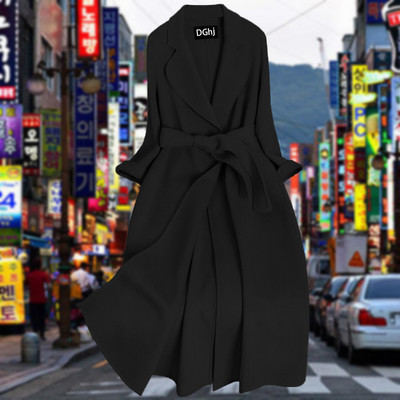 Κομψό γυναικείο μπουφάν μακρύ ίσιο μοντέλο με ζώνη