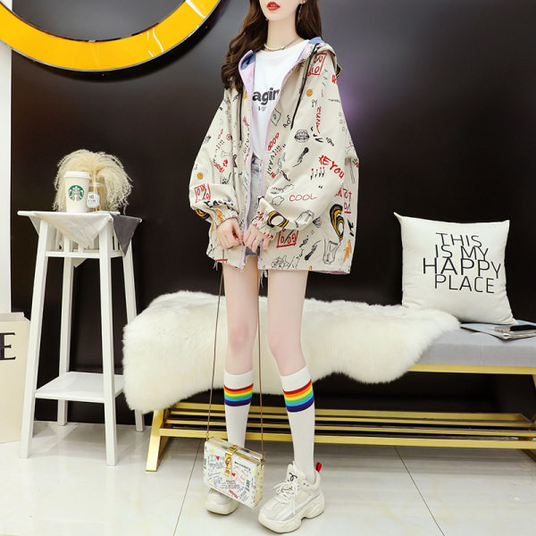 Jachetă lată de toamnă, cu glugă și model colorat