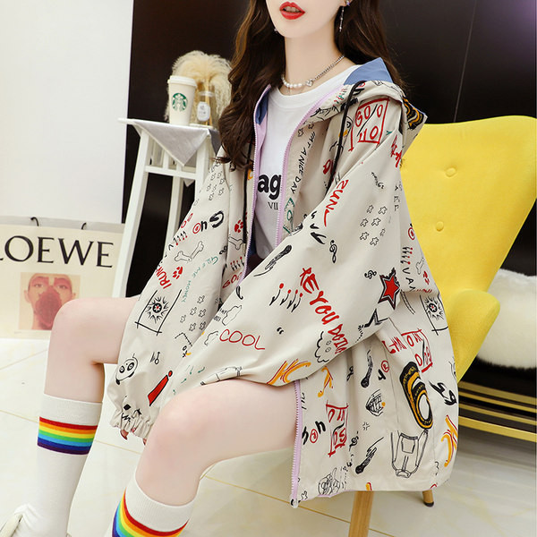 Jachetă lată de toamnă, cu glugă și model colorat