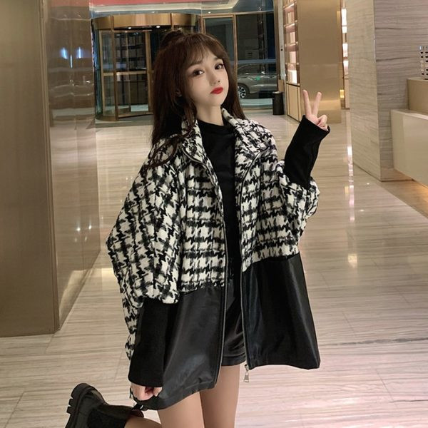 Γυναικείο καρό μπουφάν με στοιχεία από οικολογικό δέρμα