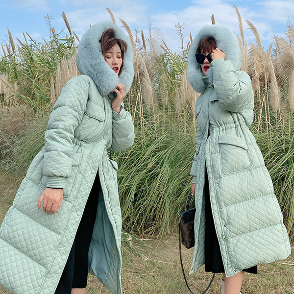 Geaca lunga dama cu buzunare si puf eco pe gluga