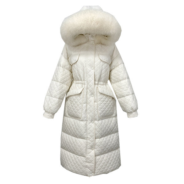 Geaca lunga dama cu buzunare si puf eco pe gluga